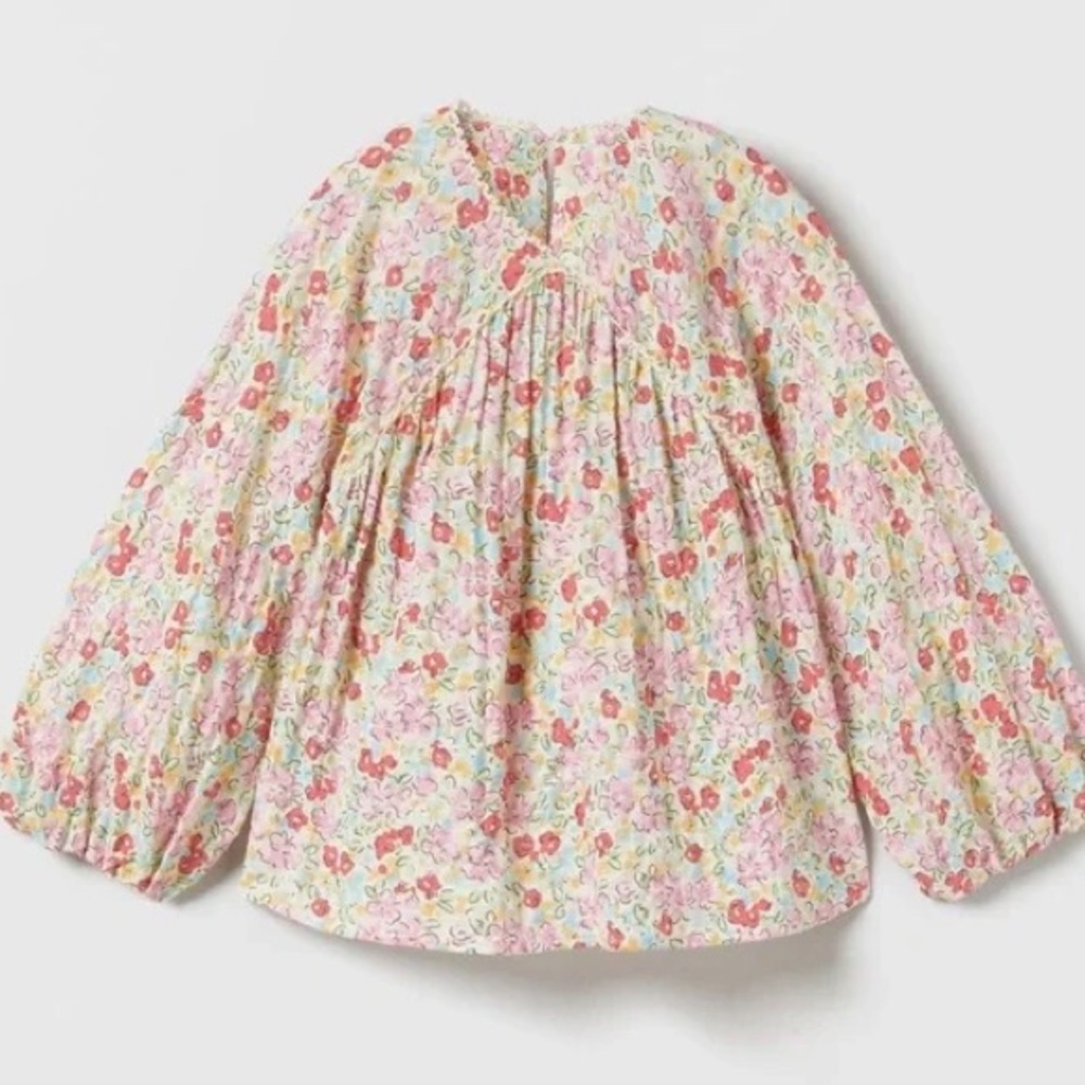 ZARA Floral Textured Flocked Lace Trim Shirt Pastels Size 4-5